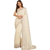 TRENDMALLS Women's Geogette Embroidery Zarkan Work Saree with Unstitched Blouse Piece for Women(K1235-OffWhite)