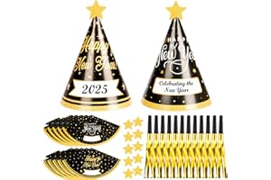 HONMOK 24 Stück Silvester Partyhüte 2025 Neujahr Hüte Schwarz Gold Frohes Neues Jahr Hüte mit Partytröten Silvester Accessoires Happy New Year Foto Requisiten für Erwachsene Kinder Neujahr Party