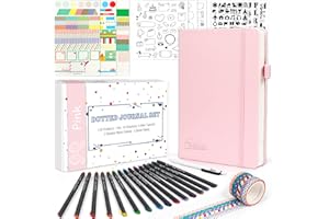 feela Dotted Journal Set, 224 Numbered Pages Faux Leather A5 Grid Hard Cover Pink Notebook Planner with Index Inner Pocket, Abundant Accessories for Beginners Diary Schedule