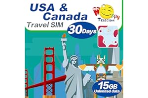 HAPPY TELECOM Happy USA and Canada Carte SIM de voyage illimitée 30 jours (sauf Alaska et Guam) | 15 Go de données haute vitesse 5G puis 128 kbps | Activation facile | Pas besoin d'enregistrement