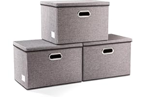 PRANDOM Aufbewahrungsbox mit Deckel Groß,Faltbarer Leinen Stoff Aufbewahrungsboxen, Aufbewahrungskorb mit Griff,Dekorative Stapelboxen,Organizer Container,Grau[3-stück] 43x30x30cm