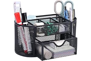 MumdoYAL Office Organiser and Dispenser Desk Organiser, Mesh Metal Office Organiser with Drawer and Pen Holder for Pens, Sticky Notes, Stapler, Folder Clips, Space Saving Desk Organiser