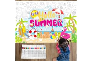Faccito Summer Coloring Poster with 24 Watercolor Markers 50.4 x 31.5 Inch Giant Coloring Poster Jumbo Hello Summer Craft Coloring Banner Table Cover for Summer Pool Birthday Activity Party Supplies