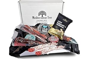 MEDITERRANEAN TREE Caja Cesta Gourmet delicatessen - Lote de embutidos Ibericos de salchichón y chorizo + 3 Pates Iberico de trufas + Pedro Ximenez + Perdiz + 3 piezas de Fuet + Picos