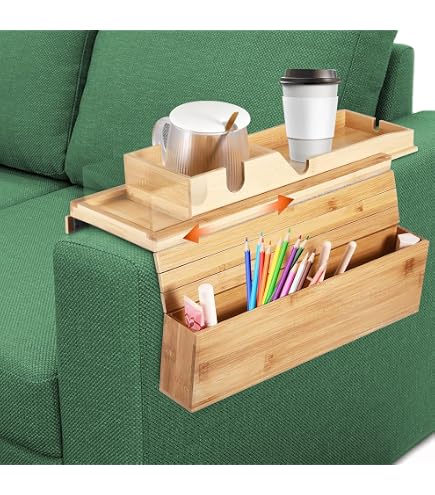 Plateau D’accoudoir Canapé En Bambou – Pliable, Antidérapant, Avec Porte-gobelet Et Support Téléphone