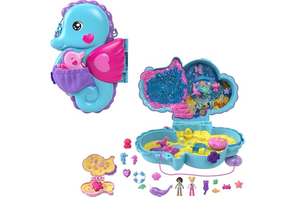Polly Pocket 2-i-1 Daddy & Me sjöhästkompakt | Bärbar handväskeleksats, 2 mikrodockor, 13 tillbehör inklusive havsdjur, ocean