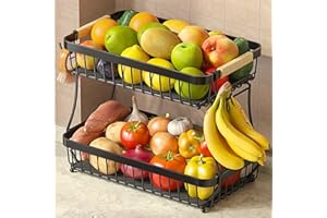 Fournine 2 Tier Fruit Bowl Basket with 2 Banana Hanger, 2026 Pro Detachable Kitchen Countertop Organizer for Fruits, Vegetables, Snacks, Metal Vegetable Storage Rack with Banana Holder, Black