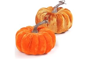 DuHouse 2PCS Velvet Pumpkins Set – Artificial Fall Pumpkins for Halloween, Thanksgiving, Harvest Festival Table Decor(Orange&Gold)