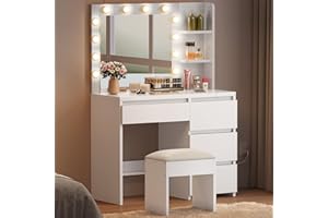 YITAHOME Tavolo da toeletta con illuminazione, con specchio, 3 colori con luminosità regolabile, con 4 cassetti, scomparti aperti Vanity Table bianco