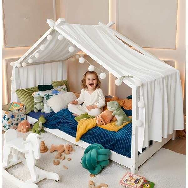Lettino per bambini a forma di casetta in legno naturale con rete a doghe 90 x 200 cm 030002712