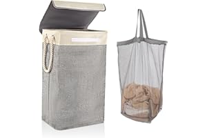 BrilliantJo Wäschekorb mit Deckel 84L, zusammenklappbarer Wäschesammler mit Wäschesack und Seilgriff, Großer geeignet für Schlafzimmer, Waschküche, Badezimmer 68 x 42 x 31 cm Beige + Grau