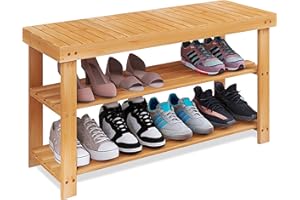 SMIBUY Banc à chaussures en bambou à 3 niveaux pour entrée, 86 x 28.5 x 45.5 cm, couloir, salle de bain, salon (naturel)