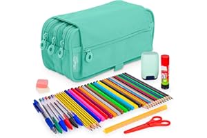 ColePack - Lote de Estuche Portatodo Triple con 3 Cremalleras y Material Escolar de Primeras Marcas Incluido (Turquesa)