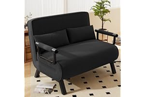 ‎HAWTHYHOME Hawthyhome 4 in 1 Doppelschlafsofa, Zweier Sofa mit Bettfunktion + 2 Kissen, Platzsparendes Gästebett, Relaxsofa mit Verstellbarer Rückenlehne, 300 kg Tragkraft, Metallrahmen & Leinen Schwarz