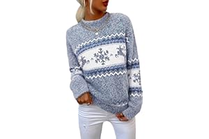 Demegimi Pull Noël Femme à Manches Longues Col Rond Sweat de Noël Femme Hiver avec Motif Flocon de Neige Christmas Sweater Décontracté Cadeau Festif