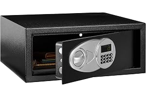 Amazon Basics – Stålsäker, med programmerbar elektronisk knappsats, skyddar kontanter, smycken, ID-dokument, 19,8 L volym, sv
