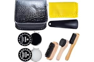YUET Kit De Cirage Chaussure Noir Nettoyage De Chaussures Pour Cuir Marron Et Avec Brosse De Polissage, Étui De Voyage En Crin De Cheval, Applicateur En Bois, Chausse-Pied, Chiffon, 8 Pièces