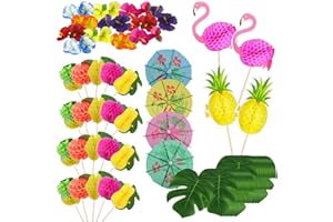 JODSEN Hawajskie dekoracje koktajlowe, 88 szt., papierowe patyczki do parasola koktajlowego, flaminga, patyczki owocowe, liść monstery, hibiskus, dekoracja do napojów Aloha, jedzenie, na imprezę na plaży,