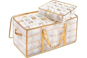 SONGMICS Contenitore per Palline di Natale, Scatola per Decorazioni Natalizie, 128 Posti, Divisori Componibili, 67 x 34 x 34 cm, Semitrasparente e Dorato RFB029A01