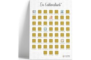 LE MONDE À GRATTER Affiche "En t'attendant" à gratter - Format A3 - Encre à gratter dorée agréable et sans traces - 52 moments de la grossesse à immortaliser avant la naissance de bébé - Idée cadeau future maman