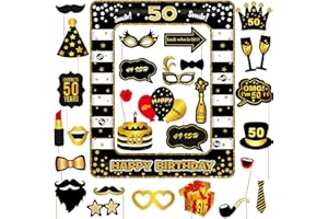 TEARMIER 50th Birthday Photo Booth Props and Inflatable Frame, 31 Pcs Black Gold Inflatable Selfie Photo Booth Props Selfie Frame, Funny DIY Birthday Party Props for 50th Birthday Party Decorations