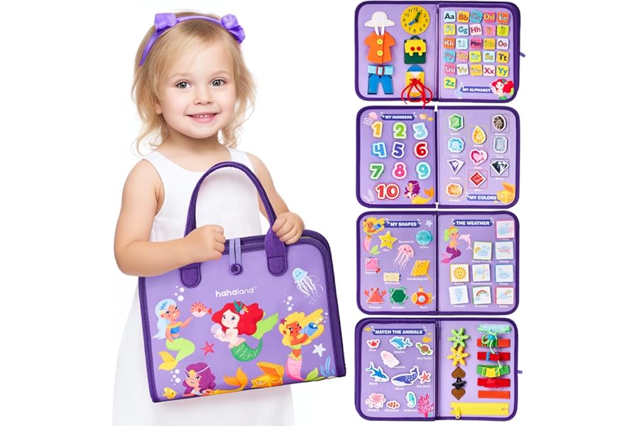 hahaland Montessori Busy Board for Children of 3+ Years Old, Activity Sensory Book Offers Preschool Educational Skill Learning, Quiet Travel Toy for Plane Car, Birthday Gift for Girl - Purple Mermaid