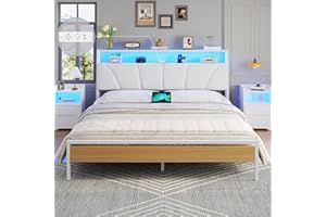 Brinlawb Letto Imbottito 160x200 cm, Struttura letto con Luce LED e Stazione di Ricarica (2 Prese CA 2 Porte USB) Letto Matrimoniale con testiera e pediera, Facile da montare, Moderno, Bianco