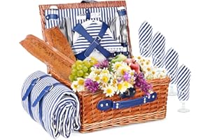 Couleeur Picnic Basket for 4 Persons,Wicker Picnic Basket with Waterproof Picnic Blanket & Cutlery Set, Wicker Picnic Hamper for Camping, Outdoor, Party, Beach, Blue
