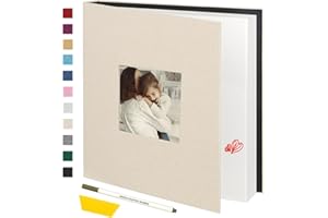 Miaikoe Photo Album Self Adhesive Scrapbook Album for 4x6 5x7 8x10 Pictures,40 Pages Linen Cover Album with Display Window DIY Book with A Metallic Pen and Scraper (Beige)
