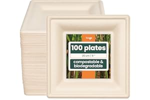 HAAGO 100 Piatti Compostabili in Canna da Zucchero, 20 cm / 8" Quadrati – Piatti di Carta Robusti, Anti-grasso e a Prova di Perdite – Biodegradabili & Monouso per Feste, Natale e Compleanni