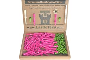 Castle Tees Official Bamboo Golf Tees up to 140 Tees 9 Sizes & Colours Premium Super Strong in Orange Purple Pink Sky Blue White Yellow Navy Blue Red Green Free Pitch Repair Tool