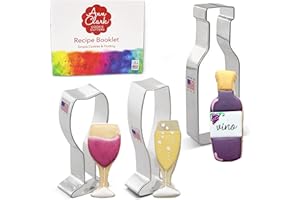 ANN CLARK COOKIE CUTTERS Cortadores de galletas de celebración de vino y champán, 3 piezas, fabricado en Estados Unidos por Ann Clark, copa de vino, botella, copa de champán