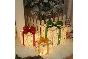 OVOISSTIY LED Cajas de Regalo Navidad con Luces, Juego de 3 Cajas Decorativas Navidad Luz 8 Modos con Control Temporizador, Caja Regalo Iluminadas Estrellas para Decoración Navideña Árbol