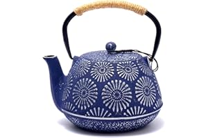MILVBUSISS Théière en Fonte, Théière Japonaise avec Infuser pour Feuille Libre, Grande Capacité 1200ml Sakura Design Bouilloire à Thé pour Cuisinière Enduite d’Intérieur émaillé, Bleu