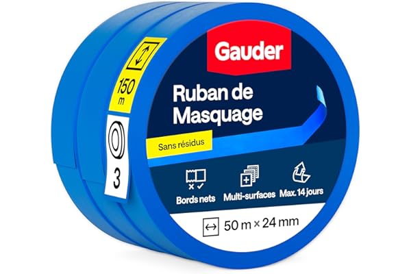 GAUDER Ruban de Masquage pour Peinture - Ruban Adhésif de Précision pour Travaux de Rénovation, Décoration et Bricolage - Bande de Peinture Facile à Retirer sans Résidus (3 Rouleaux - 24 mm x 50 m)