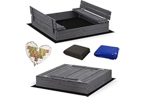 SUNWOOD Sandkasten 120x120 Imprägniert Premium Sandbox mit Abdeckung Sitzbänken Deckel Plane Sandkiste Holz Kiefer Sandkastenvlies