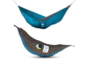 Ticket to the Moon Fair Trade & Artisanal 1-2 Personnes Léger Original-Hamac Aqua/Gris pour Voyages, Camping, Jardin, XL 3.2 * 2m, 600g, Nylon en Soie De Parachute, Installation < 1min