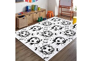 XISNUIENT Football Rugs Boys Bedroom Living Room Rug Large 3D Graffiti Football Pattern Rug Blue Green Football Carpet Kids Teens Gaming Mat Washable Nursery Rug Runner Doormat (White,140x200cm)