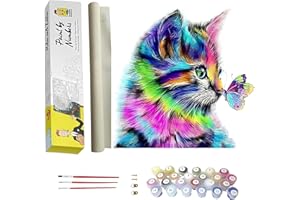 DonElton Dipingere con i numeri, gatto – Set con tela prestampata, 3 pennelli e colori acrilici colorati – Dipingere fai da te con i numeri,