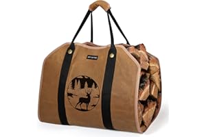 ART-GIFTREE Bolsa grande de lona encerada para leña de 39 x 18 pulgadas con asas, soporte de madera resistente para chimenea, reno