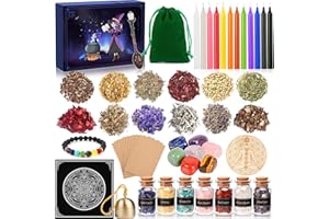 BEYAOBN Witchcraft Starter Kit, Witchcraft Supplies and Tools for Wiccan Altar- 54 Pack of Crystals Dried Herbs, Colored Magic Candles, Chakra Discs and Ritual Witches Magic Spoon, Baby Witches