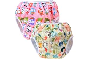 Teamoy Reusable Swim Nappy(2 Packs) for Baby Boys& Girls, Comfortable, Washable and Adjustable, Ideal for Swimming Lessons/Holiday (Jungle+ Owls Pink)