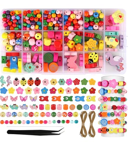 VEPEPE Holzperlen Set 160-teilig - Bunte Perlen Zum Auffädeln | Mit Fäden & Schere | Bastelset Für Kinder