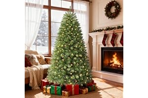 SHareconn 7ft Christmas Tree, Pre Lit Christmas Tree with 1076 Branches, 320 LED Warm White Lights, 8 Light Modes. Indoor or Outdoor Xmas Tree with Foldable Metal Stand, 7FT