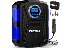 FORTEM Kompresor Samochodowy, Przenośna Pompka Elektryczna, Kompresor Rowerowy, Cyfrowy Manometr z Automatycznym Pompowaniem/Wyłączaniem