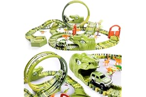 burgkidz Dinosaurier Rennstrecken Spielen Fahrzeuge Spielzeug Set, 387 Stück Flexible Dinos Bahngleise mit 360 Loop und Auto Turntable Spielset, 2 Rennwagen, Geschenk für Kinder ab 3 Jahren