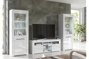 Furneo MilanoW – High Gloss & Matt White Living Room Set, TV Stand & Display Cabinets, White LED Lights