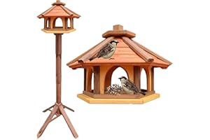 DACKO-WOOD ANETA DACKO Mangeoire à oiseaux, avec support en bois, résistante aux intempéries, mangeoire pour oiseaux sauvages, à poser dans le jardin, le balcon, rouge + marron + jaune