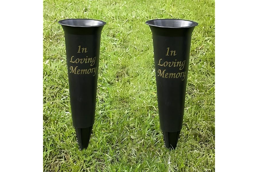 Caliko Set of 2 In Loving Memory Grave Vases -Strong Plastic Grave Ornaments in Black Colour, Grave Side Flower Holders and grave vases with spike for Fresh or Artificial Flowers.
