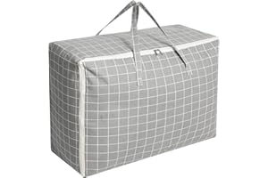 Cozary Sacchetto di Stoccaggio Grande, 105L Impermeabile Borse per Traslochi con Maniglia per Vestiti, Coperte, Cuscini - 70 x 50 x 30 CM - Motivo a Scacchi Grigio